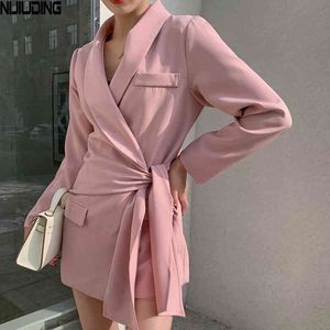 Korea Retro Langarm Lace Up Blazer Anzüge Frühling Sommer Jacken und Shorts Zwei Stück Set Büro LDY Kleidung 210514