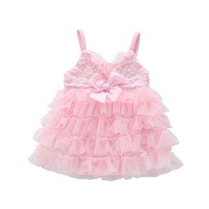 Vestido de tutú de encaje para bebés nacidos coreanos para niños pequeños mameluco rosa cumpleaños de verano ropa de algodón suave al por mayor 210529