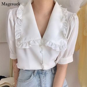 Blusa blanca coreana elegante con cuello Peter Pan para mujer, camisas informales de gasa de manga corta, Blusas femeninas, Tops de moda para mujer 14142 210512