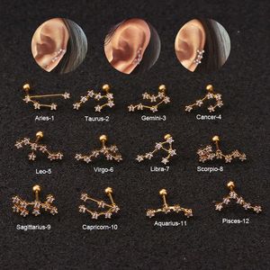 Korean Fashion Cz Zircon Ear Bone Nail Twelve Constellations Earbone Nails Stainless Steel Twisted Ball Earnail Piercing Earring Studs Jewelry 14k Gold Ear Ring