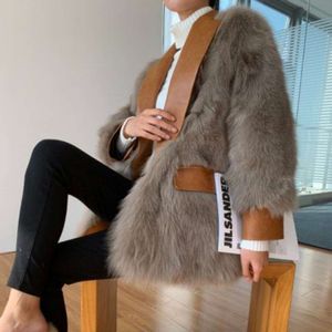 Haining – manteau mi-long en simili cuir pour femme, édition coréenne automne/hiver 2023, en poils de renard, en fourrure PU intégrée, 7628