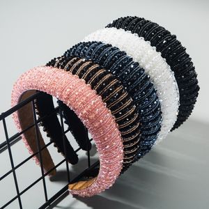 Accesorios coreanos para el cabello, diademas de esponja, banda Simple de borde ancho, diadema de cuentas hecha a mano de moda brillante, 6 colores al por mayor