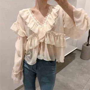 Volants coréens Chic All Match Summer Loose Casual Tops V-Neck Sweet Clothe Mode Femmes Solide Blouses 210525