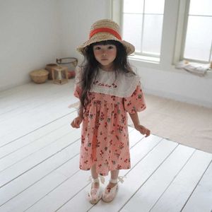 Estilo coreano verano niños niñas vestido amarillo rosa floral mangas cortas de soplo cuello de bordado 1-6 años E36 210610