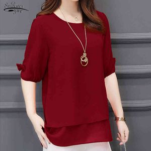 Style coréen Summer Blouse à manches courtes Femmes Casual Plus Taille L-5XL Chemises en mousseline de soie pour rouge et hauts 3726 50 210508
