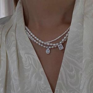 Estilo coreano zircão prata cor gota pingente geométrico natural de água doce pérola clavícula corrente colar feminino colares249s
