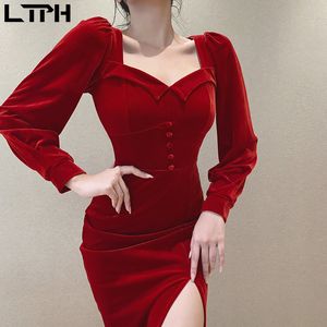 Daim coréen vintage col carré mi-longueur femmes robe élégante fendue taille haute paquet hanche robes sexy automne 210427