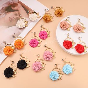 Korean Sweet Fabric Flowers Long Dangle Earrings For Women Vintage Gold Metal Flower Statement Earrings Jewelry