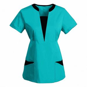 Coreano Versi SPA Uniformes Mujeres Belleza Sal Scrubs Tops Slim Fit Healthcare Túnica Manga corta Patchwork Blusas Venta al por mayor B1fA #