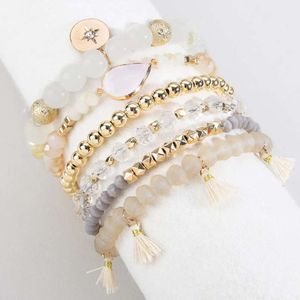 Version coréenne Ligne élastique Multi-couches Perles Bracelet Bracelet Set Bohemian Tassel Pendant pour les femmes
