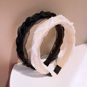 Versión coreana de The Retro Style Crystal Rice Pearl Chain Organza Twist Braid Hair Band Diadema Horquilla Head Jewelry