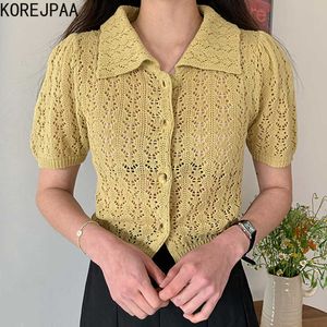 Korejpaa femmes pull été coréen rétro doux revers creux Crochet lâche simple boutonnage manches bouffantes tricoté Cardigan 210526