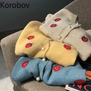 Korobov, cárdigans de Lurex con bordado de fresa coreano para Mujer, suéteres de cuello redondo con un solo pecho, suéter de punto Vintage para Mujer 79211 210430