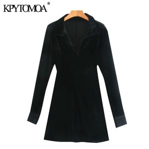 KPYTOMOA femmes mode noir velours ajusté Mini chemise robe Vintage col en V à manches longues femmes robes Vestidos Mujer 210319