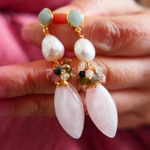 Kqdance Eau douce perle rose quartz jade Stone Natural Stone Long Drop Orees Boucles d'oreilles 925 Silver Silver Femmes Bijoux plaqué d'or 231221