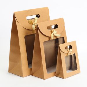 Bolsa de papel Kraft con ventana, bolsas de regalo portátiles con tapa y arco autoportante de color sólido