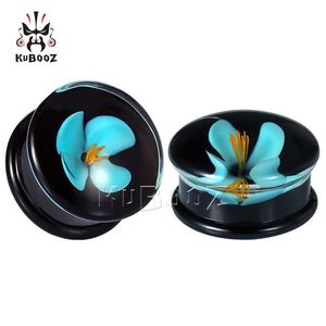 Kubooz – bouchons d'oreille et tunnels évasés simples en verre à fleur bleue, jauges de boucles d'oreilles, extenseurs, bijoux pour le corps entier de 8mm à 16mm, 220H
