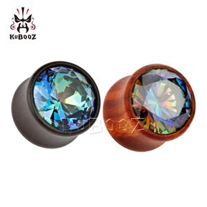 KUBOOZ bois ébène plaqué Zircon oreille Piercing Plug Tunnels corps boucle d'oreille bijoux jauges extenseur civière entier 8-16mm 3185H