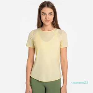 L-156 Camisas de deportes de manga corta de manga rápida Costa de malla de hielo Tops de yoga ligera transpirable Mujeres de regreso abiertamente Fitnes