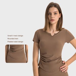 L-386 SPR camiseta acanalada recortada Yoga Tops cintura plisada pequeño cuello en V camisas Slim Fit camisa de manga corta dobladillo redondeado sudadera de mujer