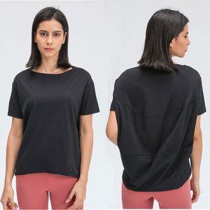 L-56 couleur unie t-shirts dame Yoga tenues col rond femmes hauts de sport fille Fitness chemise doux coupe décontractée haut tenue décontracté