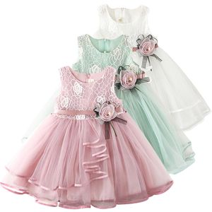 Платье с кружевными аппликациями и цветами. Детская одежда для девочек. Платье для девочек на день рождения. От 2 до 6 лет. Детская повседневная одежда Q0716.
