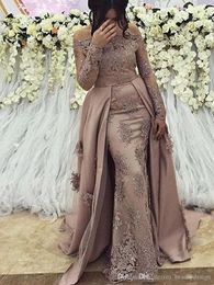 Dubaï Dentelle Arabe Sirène Robes De Soirée Sheer Manches Longues Tulle Applique Perlée Formelle Prom Party Robes Celebrity Dresse Custom Made