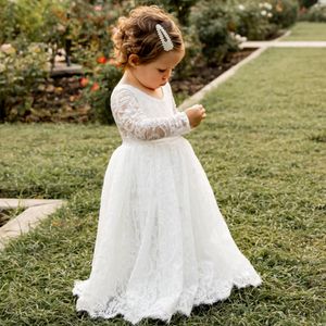 Dentelle Boho Robe De Fille De Fleur 2023 À Manches Longues A-ligne Robe De Première Communion Pour Petit Enfant Baptême Junior Demoiselle D'honneur Invité De Mariage Festonné Bas Du Dos Baptême