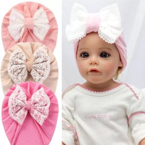 Gorro rosa con lazo de encaje para bebé, turbante con lazo de algodón, gorro para niñas, turbante bonito para recién nacidos