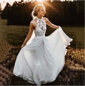 Dentelle Mousseline De Soie Boho Robe De Mariée Halter Cou Étage Longueur Une Ligne Bohème Robes De Mariée Robe De Mariage Mariage En Plein Air