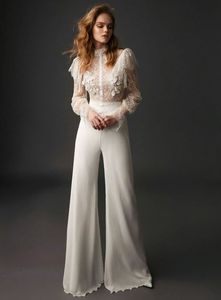 Combinaison de soirée en dentelle et mousseline de soie, manches longues, col haut, tenue de princesse, pour occasions de bal, costume pantalon