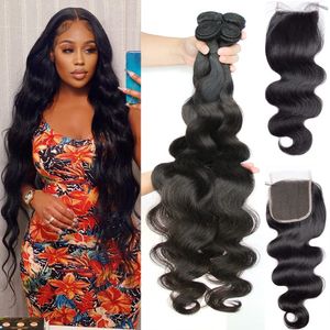 Greatremy 34 Body Wave 3 paquets avec fermeture paquets de cheveux humains brésiliens avec fermeture 4X4 offres de paquets non traités ajouter une fermeture de partie gratuite couleur naturelle double trame