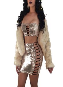 Lace Up Sequins Vendage Dress Women Sexy Party Sequin Hollow Out Strips sin tirantes y mini Fodycon Skirts Dos piezas set8112457