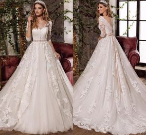 Encaje vintage blanca nupcial v cuello cuello elegante vestidos de mangas largas vestidos de novia hechos a medida