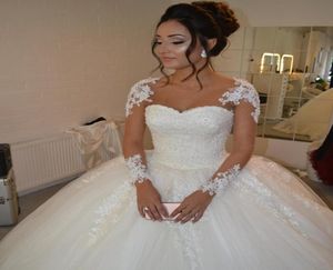 Robes de mariée en dentelle à manches longues appliques robe de bal robe nuptiale transparente couches de cou chérie