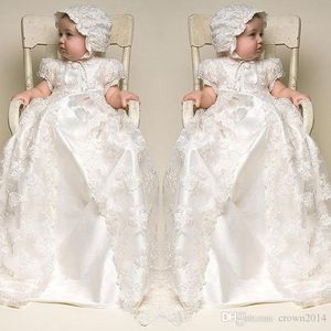 Dentelle blanche robes de première Communion 2022 à manches courtes col haut longue fête de bébé anniversaire robe de fille de fleur avec chapeau image réelle