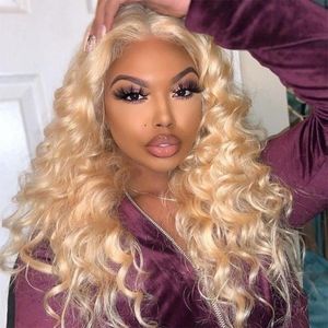 Pelucas de encaje 613 Honey Blonde Loose Deep Wave 13x4 HD Cabello humano frontal transparente con peluca brasileña pre-arrancada 180% para mujeres