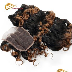 Pelucas de encaje paquetes de cabello rizado con cierre tejido brasileño 1B 27 30 99J Color Ombre 230807 Productos de entrega de caída Dhkip