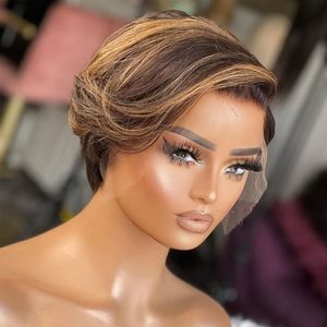 Lace Wigs Short Bob Pixie Cut Straight Human Hair T Part Transparent Pour Femmes Highlight 230417