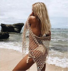 Couvre-châles de plage pour dames purs coton Sunsn Smock Smock Sexy Fishing Net Sequins Triangular Beach Towel 150 * 50cm6929896
