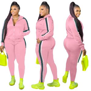 Señoras Casual Big Women Pant Set Plus Tamaño Conjuntos de pantalones Traje de ropa Traje de manga larga Cremallera Tops Pantalón largo Jogger Sport Wear Y0625