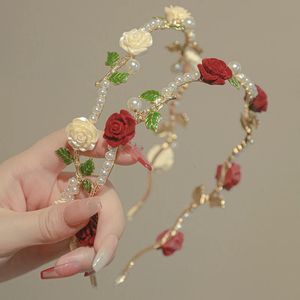 Dames élégant Rose vigne bandeau cheveux accessoires coiffure filles Vintage métal fleur perle rouge blanc Rose diadème bandeaux 240119