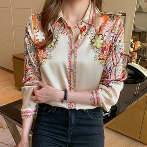 Dames hauts printemps à manches longues chemises en soie 2022 mode imprimé fleuri Blouse femmes Satin chemises automne Blusa Mujer vêtements