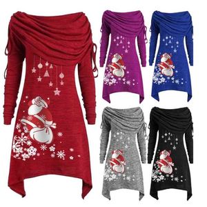 Lady Christmas Santa Claus Snowflake Imprimer Irrégulière À Manches Longues Tunique Mi-longueur Costume Vintage Tops D'hiver Grande Taille 210517