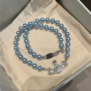 Colliers de créateurs pour femmes, nouveau collier de perles Saturne bleue, Niche pleine de diamants, chaîne de clavicule planète