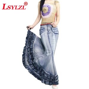 Lady Falda larga de mezclilla Cintura alta Gradiente Borla Jeans Trompeta Cool Fish Tail Sirena Bohemio Maxi Faldas B268 C19041601