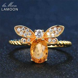 LAMOON Cute Bee 925 Anillo de plata esterlina 1CT Natural Citrine Piedras preciosas Joyería 14K Anillos chapados en oro para mujeres Joyería LMRI019 211217