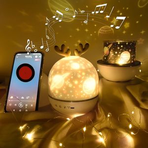 Lamps Shades Deer Music Projector Lamp Night Light With BT Speaker Starry Sky Star Rotate Bedroom Bedside Lamp Decor Christmas Kids Baby Gift 231019