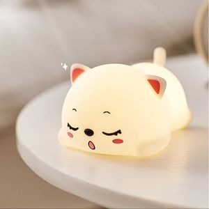 Lamps Shades Lovely Cat USB Rechargeable Silicone LED Night Light Bedroom Bedside Night Lamp with Remote for Kids Baby Gift Touch Sensor Lamp 230418