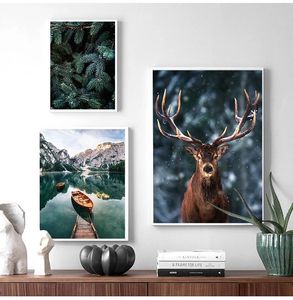 Pinturas de paisaje, cuadro decorativo de naturaleza, hogar, niebla nórdica, bosque, ciervo, lienzo de animales, arte de pared, pintura impresa, lago de montaña Woo